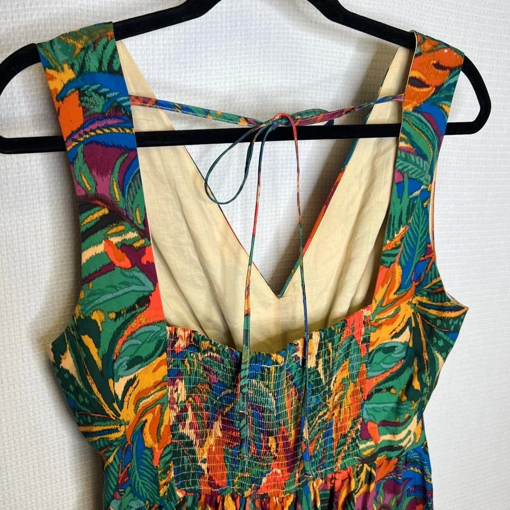 Dress Forum‎ Tropical Floral Cutout Maxi Dress Tie Back Smocked Waist Size L - Picture 7 of 10